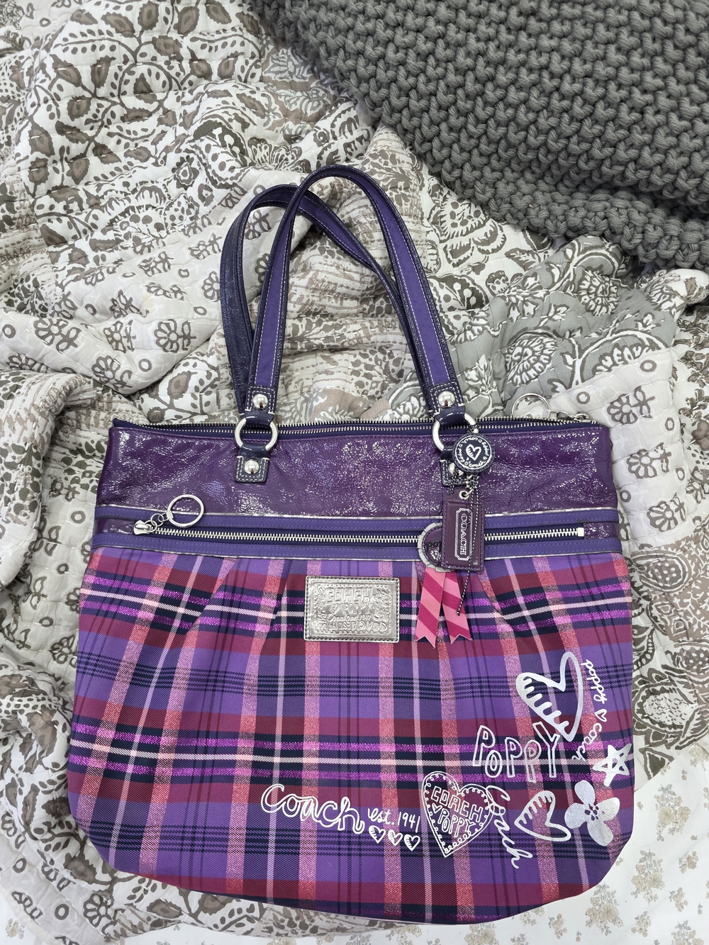 Coach Poppy Purple Plaid Tote Bag with Charm